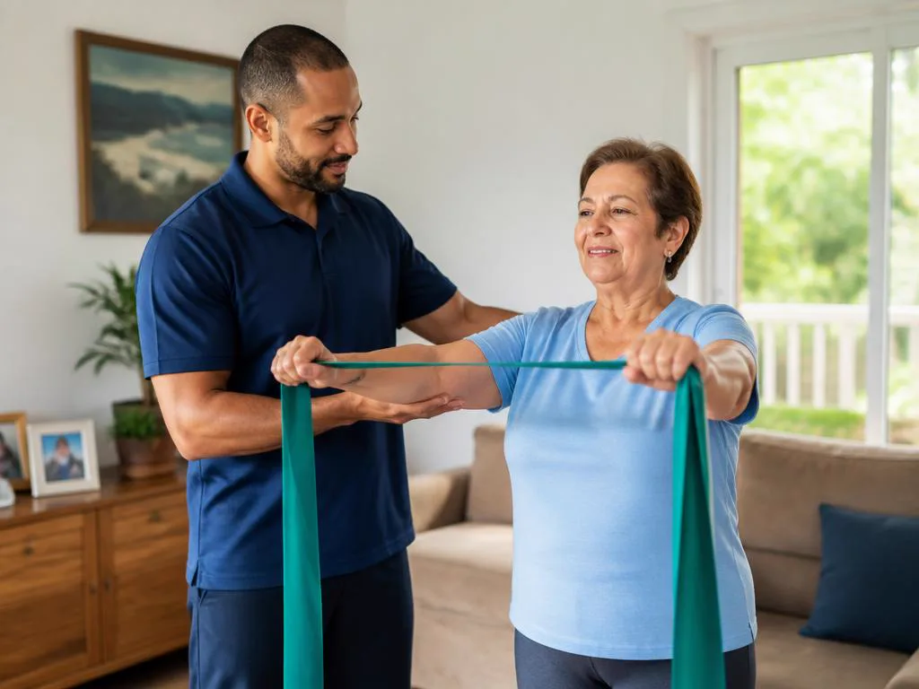 Fisioterapeuta acompanhando exercício de mobilidade em casa