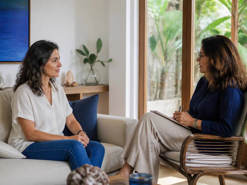 Terapeuta conversando com uma paciente em ambiente acolhedor