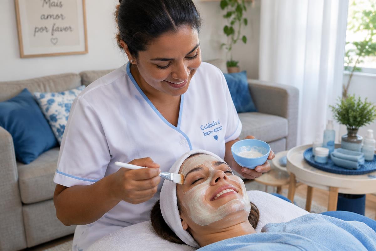 Esteticista aplicando máscara facial em uma cliente em casa