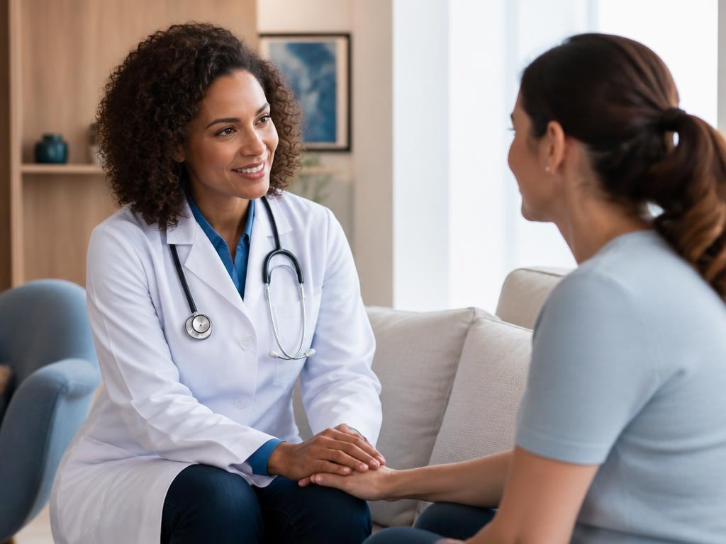 Médica realizando uma consulta domiciliar com uma paciente